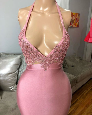 Black Girl Prom Dresses Mermaid Sleeveless Pink Prom dresses | Sexy Beads Appliques Evening Dresses HZ1023